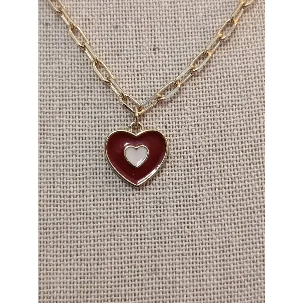 Delicate Gold Tone Chain Red Enamel Heart Pendant Necklace